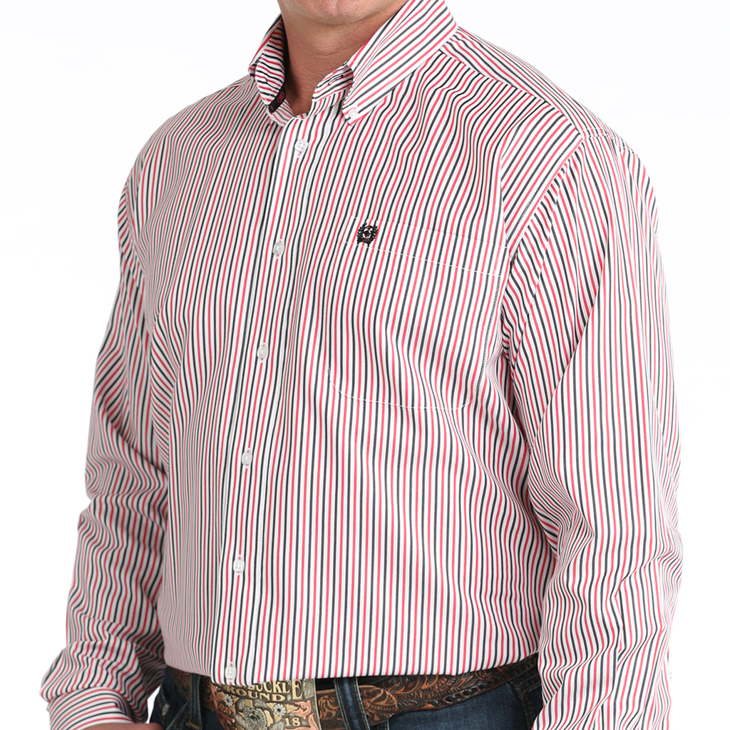 Long sleeve button down shirt with white buttons and thin red, black, and white stripes. 