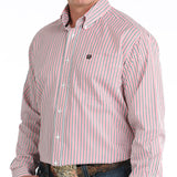 Long sleeve button down shirt with white buttons and thin red, black, and white stripes. 