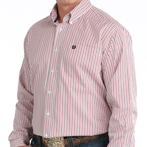 Long sleeve button down shirt with white buttons and thin red, black, and white stripes. 