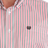 Close up view of the fabric, chest pocket has black embroidered logo. 