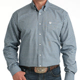 Blue and white plaid long sleeve button down shirt with button down collar.