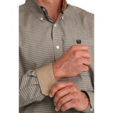 Close-up of model wearing the Cinch Khaki Geo Print Shirt, focusing on collar, buttons, and cuff.