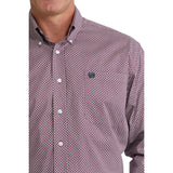 Close‑up of model in Cinch Men’s Purple Geo Print Shirt, focusing on collar, buttons, and pocket.