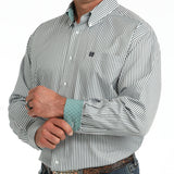 Front side view of  Blue Striped Long Sleeve Shirt with contrast cuff