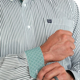 Close up view of the light blue contrast cuff. 