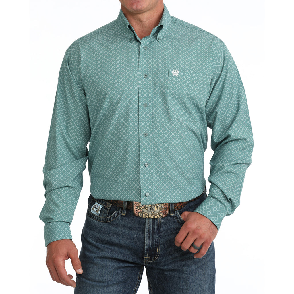 Male model wearing the Cinch Men’s Blue Printed ArenaFlex Shirt, front view.