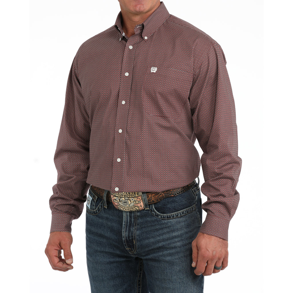 Cinch Long Sleeve Men's Grey and Pink Geometric Print
