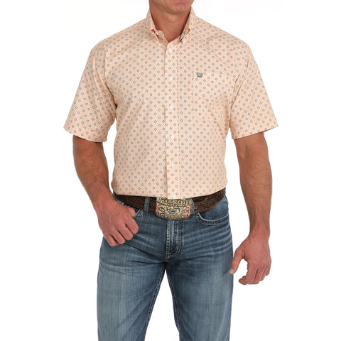 Peach/Grey Small Diamond Print Button-up Short Sleeve Shirt with Single Pocket