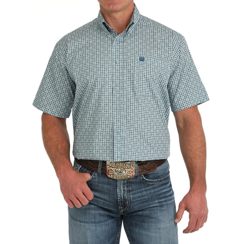 Green/Blue Geo Print Button-up Short Sleeve Shirt with Single Pocket