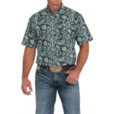 Black & Turquoise Paisley Button-up Single Pocket Short Sleeve Shirt