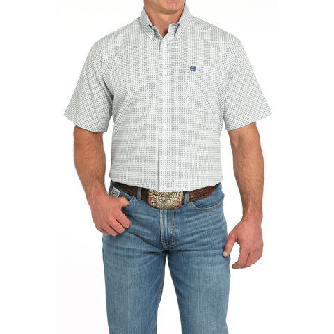 White with blue and grey geo pattern Button Up Short Sleeve with single pocket.