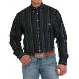 Black/Blue Vintage Striped Button-up Long Sleeve Shirt with Single Chest Pocket