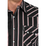 Cinch Black/Red/White Geometric Striped Long Sleeve Shirt