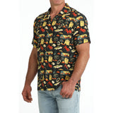 Model turned to the side in Cinch Black Western Rodeo Print Button‑Up, showing sleeve detail and clean button‑up lines.