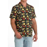 Side view of model wearing the Cinch Black Rodeo Print Button‑Up, highlighting relaxed camp‑shirt silhouette and rodeo artwork.