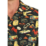 Close-up view of model wearing the Cinch Western Rodeo Print Button‑Up, showing vivid rodeo pattern.