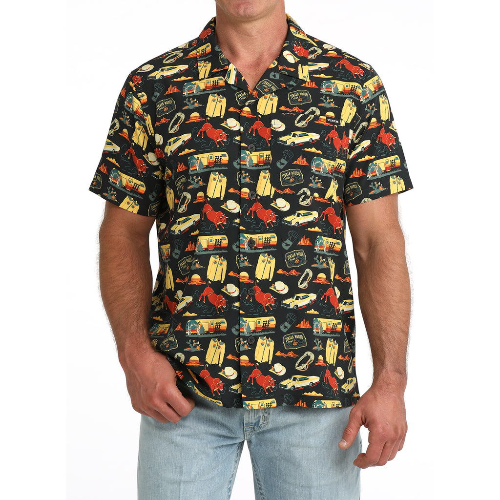 Front view of model in Cinch Black Rodeo Print Button‑Up with lightweight fabric and Western styling.
