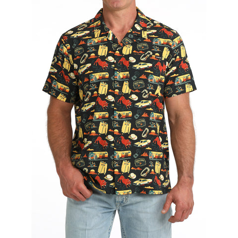 Front view of model in Cinch Black Rodeo Print Button‑Up with lightweight fabric and Western styling.
