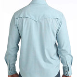 Back side view of the shirt, back has a single point western yoke. 