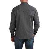 Back view of the model in the Cinch Black Stretch Ripstop Camp Shirt, highlighting the vented back yoke and durable ripstop construction.