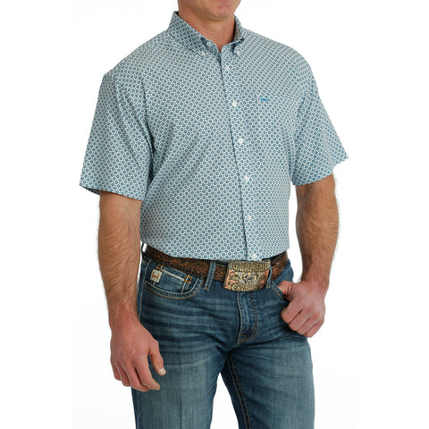 Cinch Men's ArenaFlex Short Sleeve Buttondown Shirt in Light Blue Geo Print