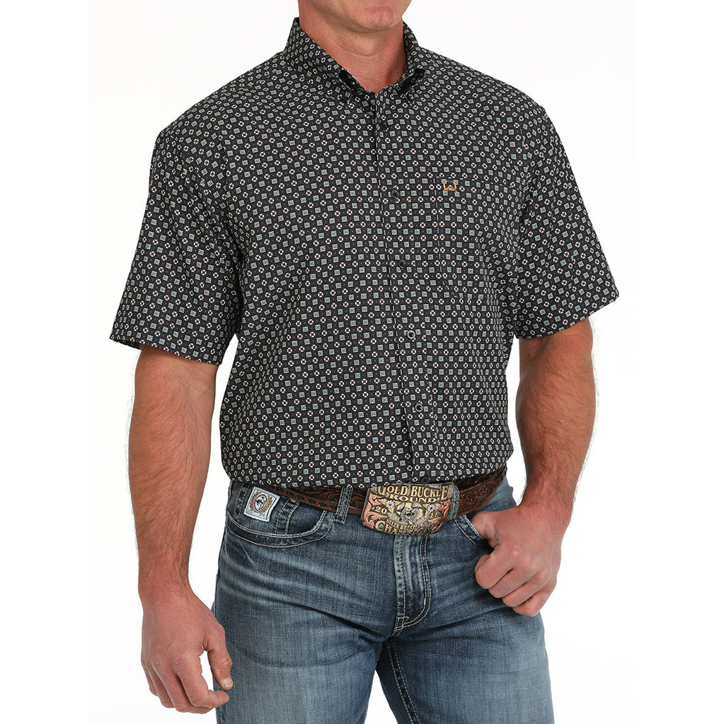 Dark Navy print short sleeve button up shirt.