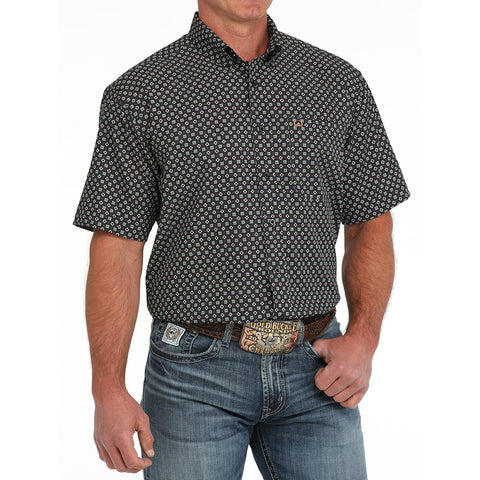 Dark Navy print short sleeve button up shirt.