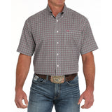 White/Red and Grey Geo Print Button-up Single Pocket Short Sleeve Shirt