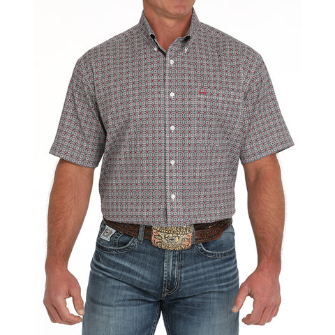 White/Red and Grey Geo Print Button-up Single Pocket Short Sleeve Shirt