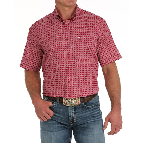 Pink Medallion Print Button-up Single Pocket Short Sleeve Shirt