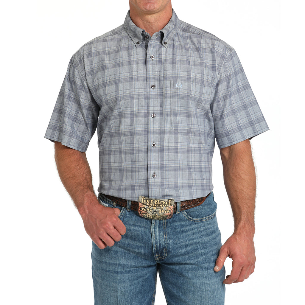 men's grey plaid short sleeved shirt with grey buttons