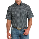 men's navy & white geo print Western Shirt with short sleeves
