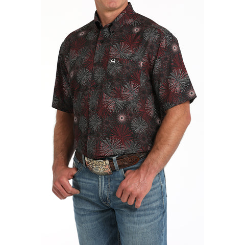 Black Short Sleeve Button Up Shirt with Red and White Firework Pattern 