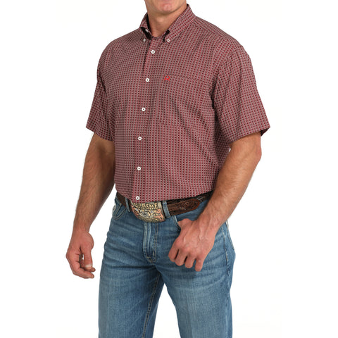 Burgundy Geo Print Short Sleeve Button Up One Pocket