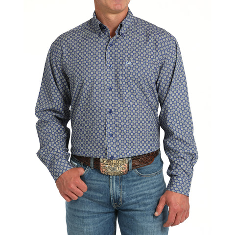 Royal Blue Geo Print Long Sleeve Button-up Shirt with Single Pocket