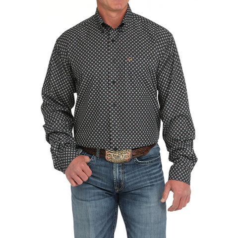 Navy Medallion Print Button-up Long Sleeve Shirt with Single Pocket