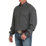 Navy Medallion Print Button-up Long Sleeve Shirt with Single Pocket