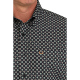 Navy Medallion Print Button-up Long Sleeve Shirt with Single Pocket. Detail view of pattern.