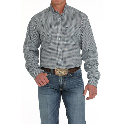 Blue Diamond Print Long Sleeve Button-up Shirt