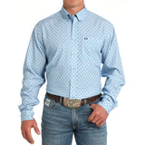 lightweight blue printed Arenaflex mens long sleeve shirt with light blue buttons
