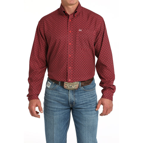 Red Geo Print Long Sleeve Red Button-up Shirt with Single Pocket 