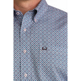 Close‑up of the lilac geo print on the Cinch ArenaFlex Long Sleeve Shirt worn by a male model.