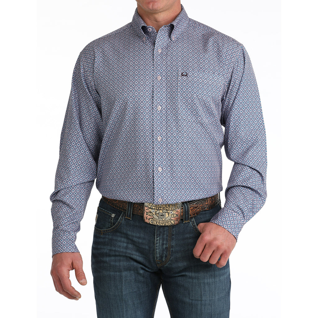 Male model wearing the Cinch ArenaFlex Lilac Geo Print Long Sleeve Shirt, front view.
