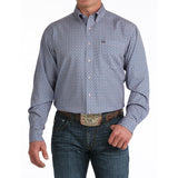 Male model wearing the Cinch ArenaFlex Lilac Geo Print Long Sleeve Shirt, front view.