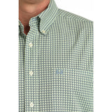 Close‑up of the Cinch Green Geo Print Long Sleeve Shirt focusing on the geometric print, button‑down collar, and embroidered logo.