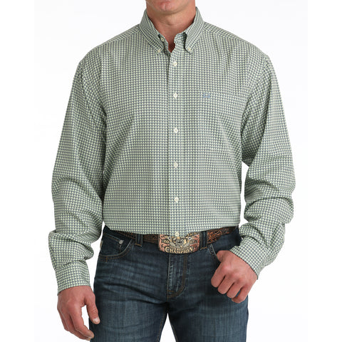 an wearing the Cinch Green Geo Print Long Sleeve Shirt, front view showing the geometric pattern, button‑down collar, and classic fit on a white background.