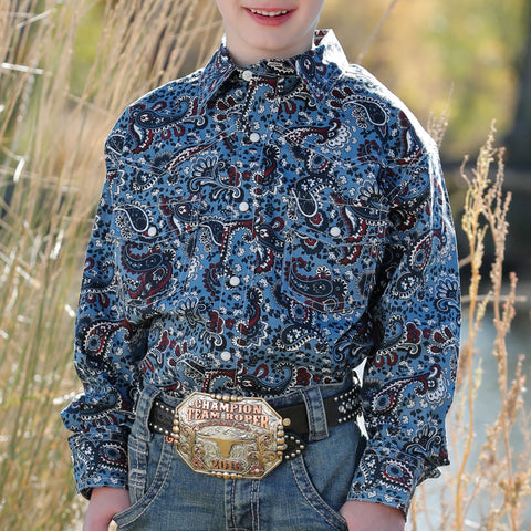 Cinch Kid's Blue & Burgundy Paisley Shirt