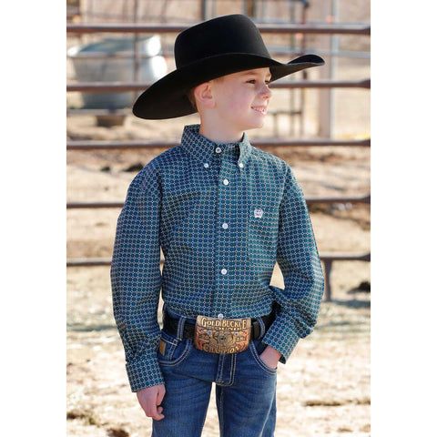 Teal Geo Print Button-up Long Sleeve Shirt with Single Chest Pocket