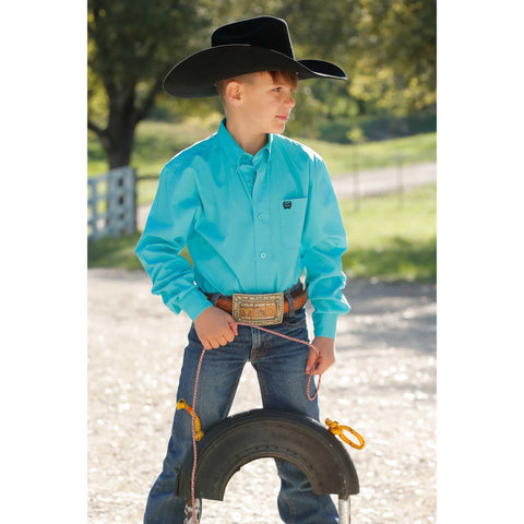 Youth Solid Turquoise Button-up Long Sleeve Single Pocket Shirt