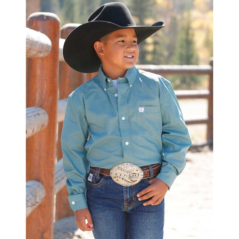 Boy's Turquoise Print Button Down Shirt